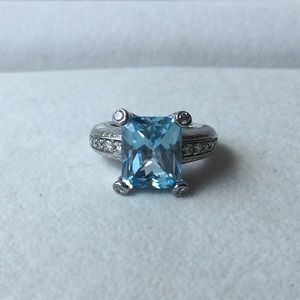 Judith Ripka Sterling Silver Blue Topaz And Diamonique Ring Size 6 Emerald Cut